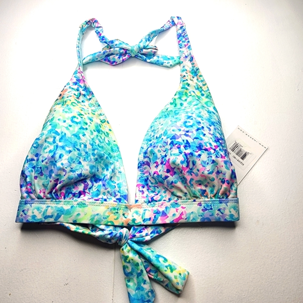 INGEAR Watercolor Leopard Print Tie Halter Bikini Top